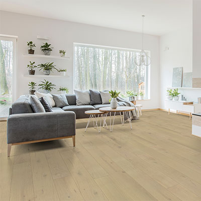 light toned hardwood flooring in Scandinavian-inspired living room