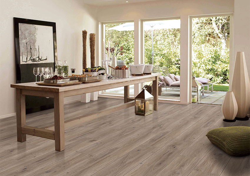 wood look laminate flooring in modern farmhouse dining room